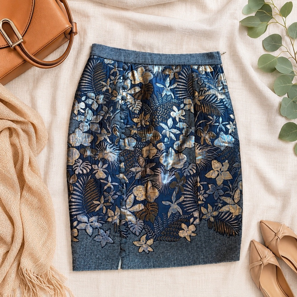 Hemant & Nandita Anthropologie Metallic Floral Jacquard Pencil Skirt Blue Gold 4